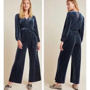 Ali & Jay Samantha Velvet Jumpsuit L Deep Teal One Piece Wide Leg With Belt NEW